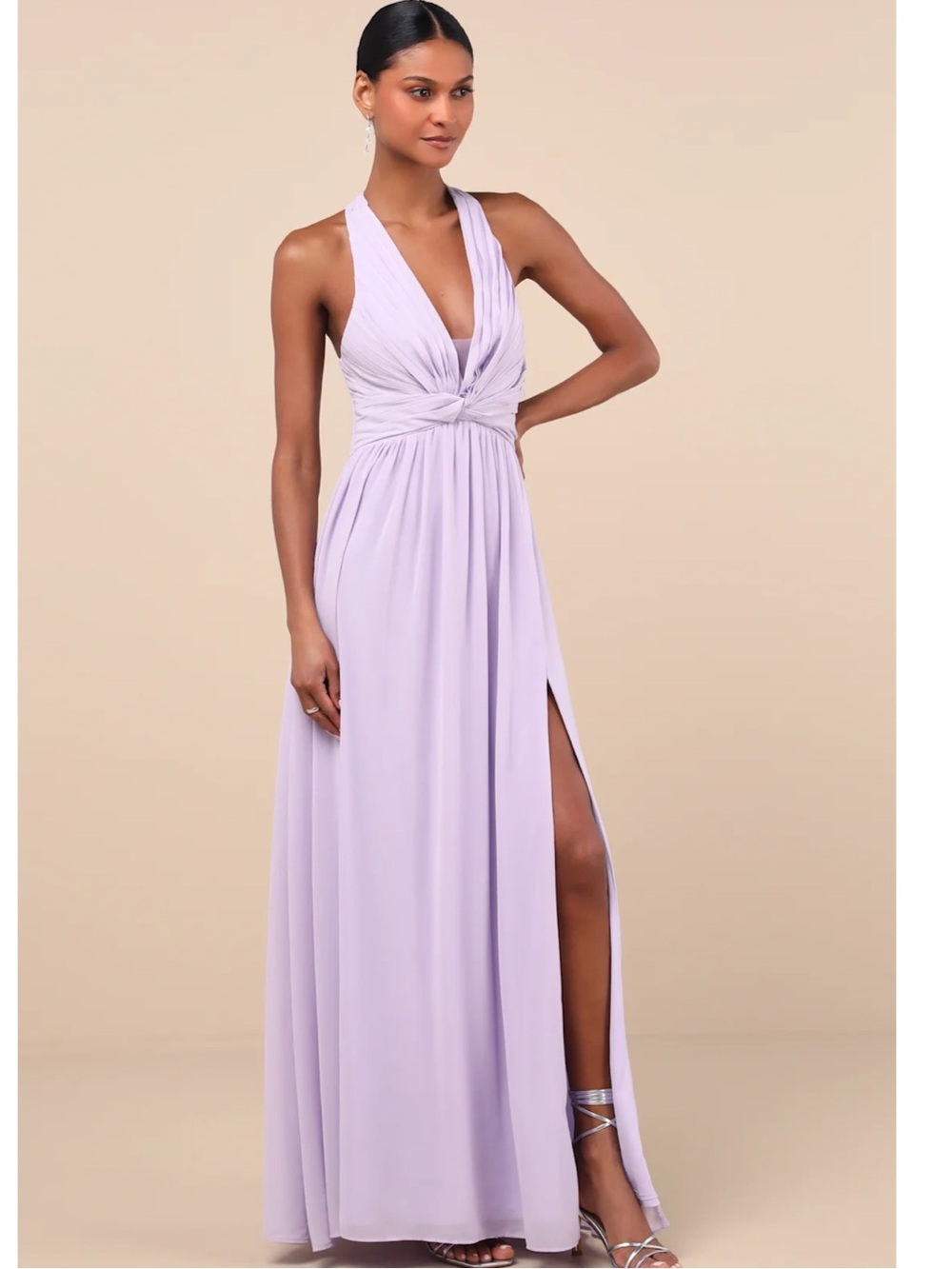 Lulus Marilina Lavender Pleated Twist Front Chiffon High Slit Maxi Dress XL